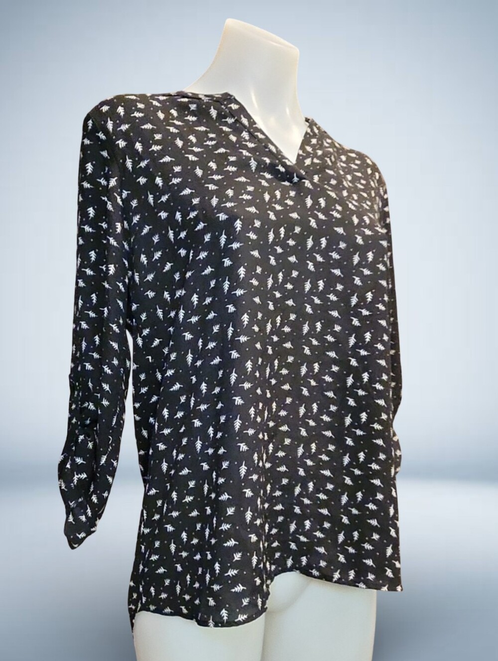 Pink Rose Black/White Floral V-Neck 3/4 Sleeve Tunic Blouse Chiffon M Minimalist